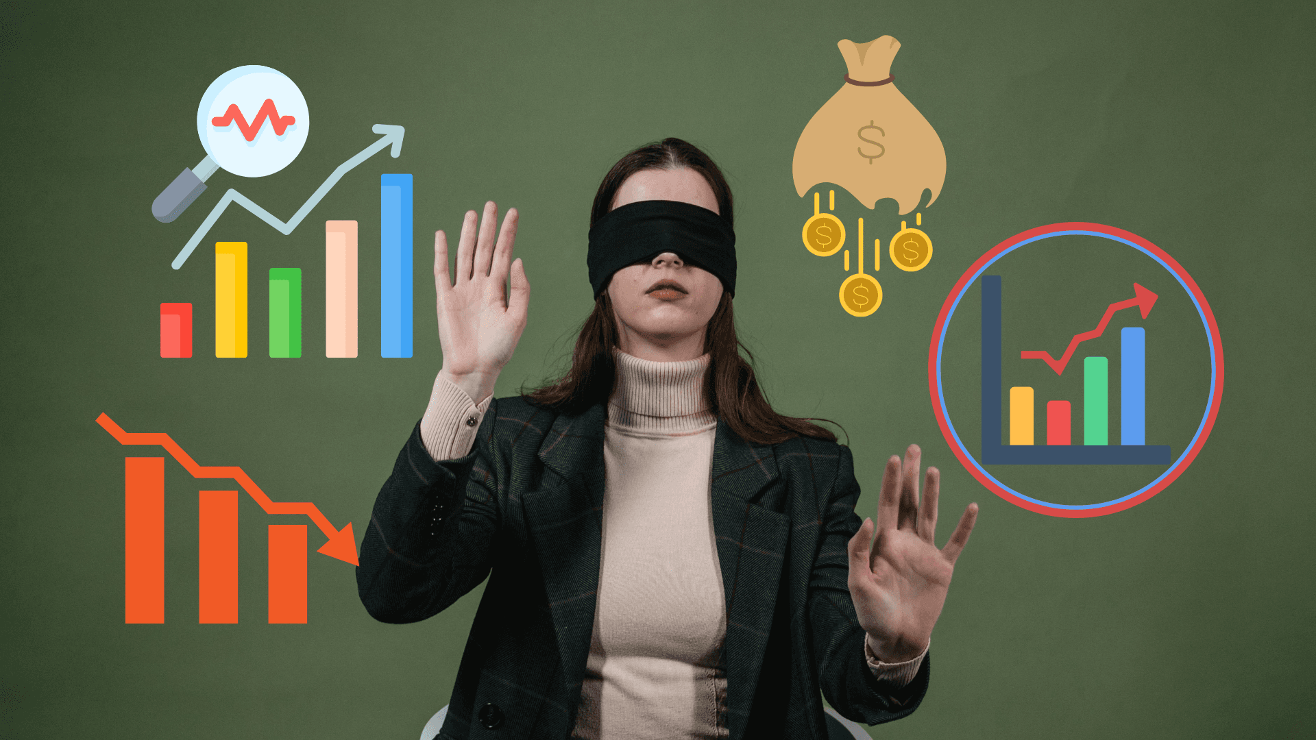 No forecasting is like leading your business blindfolded - image showing woman in suit blindfolded with graphs